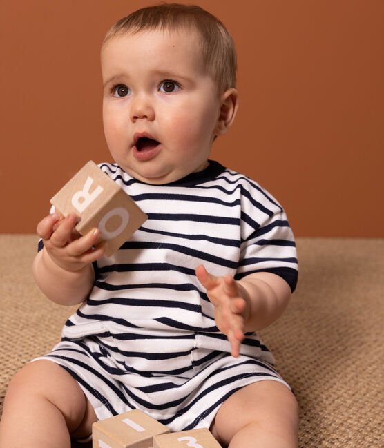 Tutina corta bebè in jersey spesso a righe alla marinara bianco MARSHMALLOW/blu SMOKING