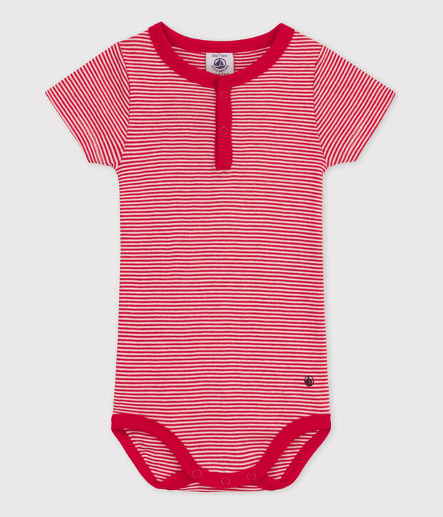 Body a maniche corte beb&egrave; millerighe in cotone rosso/bianco