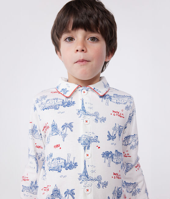 Pigiama bambino in cotone con bottoni e stampa Parigi bianco MARSHMALLOW/bianco MULTICO