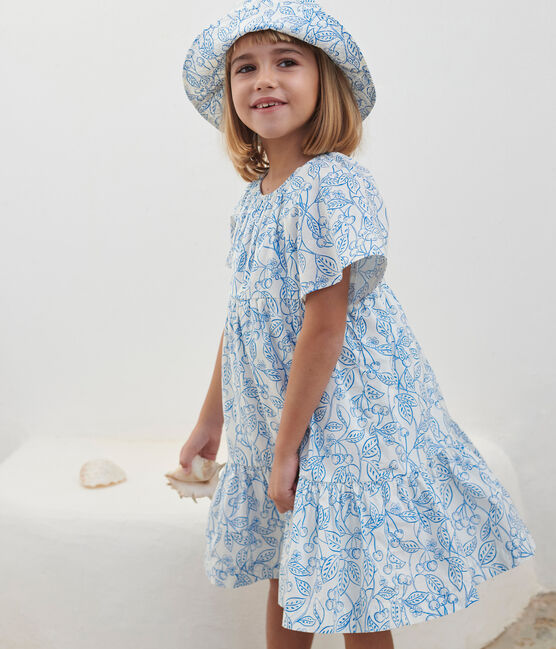 Abito bambina a maniche corte in cotone stampato blu MARSHMALLOW/ PORCELANA