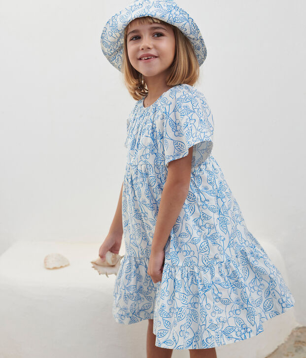 Abito bambina a maniche corte in cotone stampato blu/blu