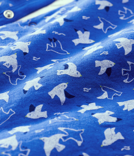 Tutina lunga uccelli bebè in tubique trapuntato in cotone biologico blu COOL/ecru MULTICO