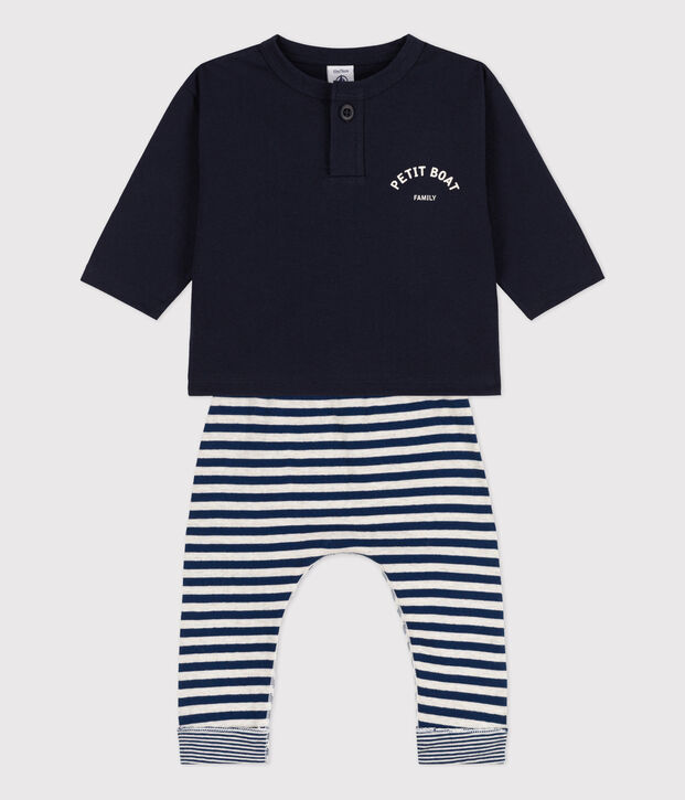 Completo regalo beb&egrave;: t-shirt e pantaloni blu/bianco