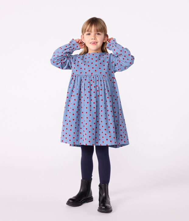 Abito a maniche lunghe in velluto fantasia bambina blu/multicolore