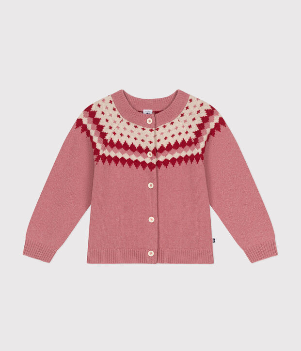 Cardigan in maglia jacquard di lana e cotone bambina rosa/ecru