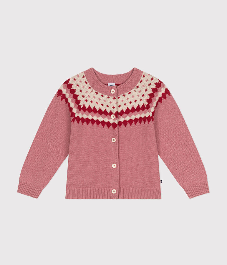 Cardigan in maglia jacquard di lana e cotone bambina rosa/ecru