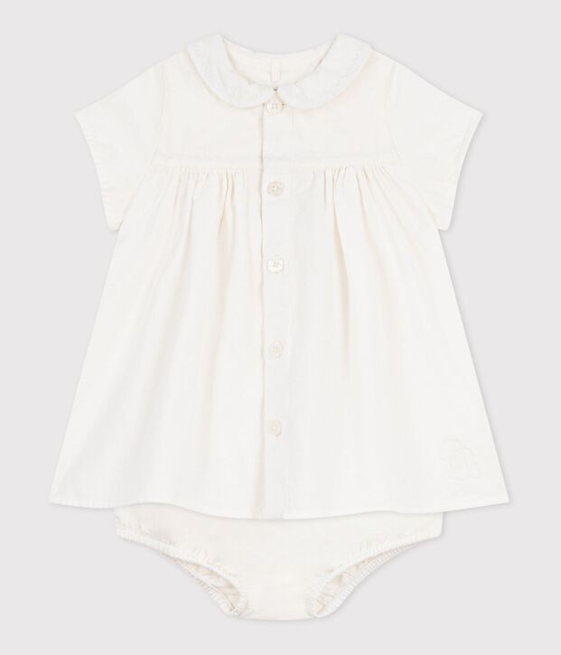 Abito in misto cotone/lino neonata con bloomer abbinato con ricamo decorativo bianco