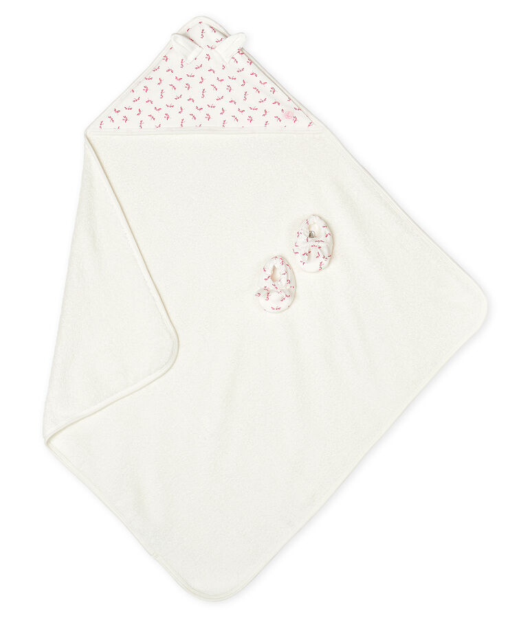 Cofanetto asciugamano quadrato da bagno e babbucce beb&egrave; in spugna e a costine bianco/rosa