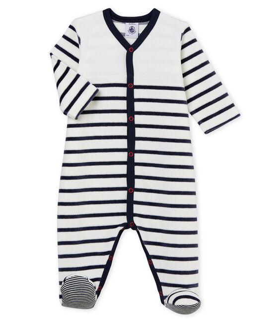 Tutina pigiama bebè unisex in velluto bianco MARSHMALLOW/blu SMOKING