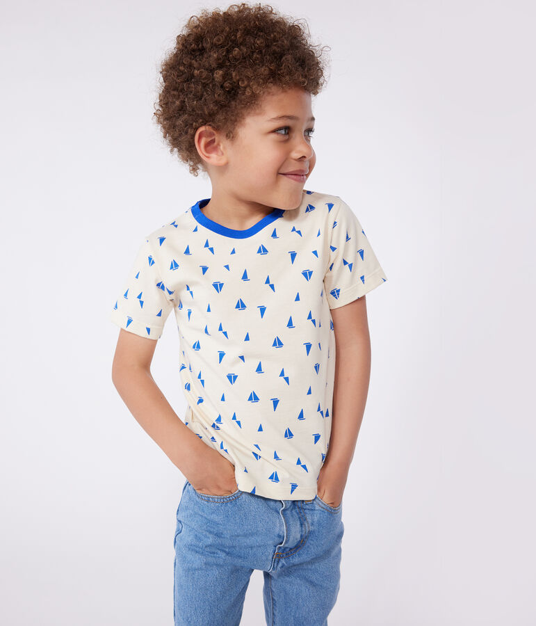 T-shirt a maniche corte in cotone con stampa bambino ecru/blu