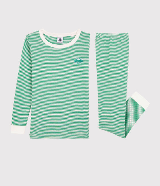 Pigiama bambino snugfit a righe verdi in cotone biologico verde GAZON/bianco MARSHMALLOW