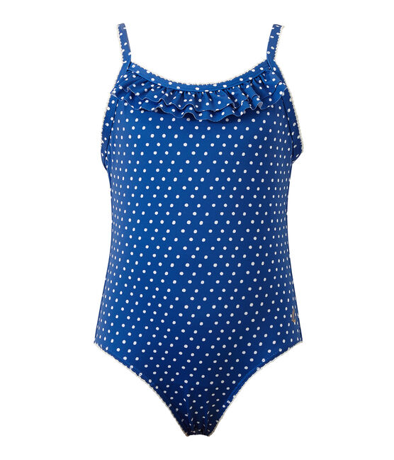 Costume da bagno bambina intero a pois blu PERSE/bianco MARSHMALLOW