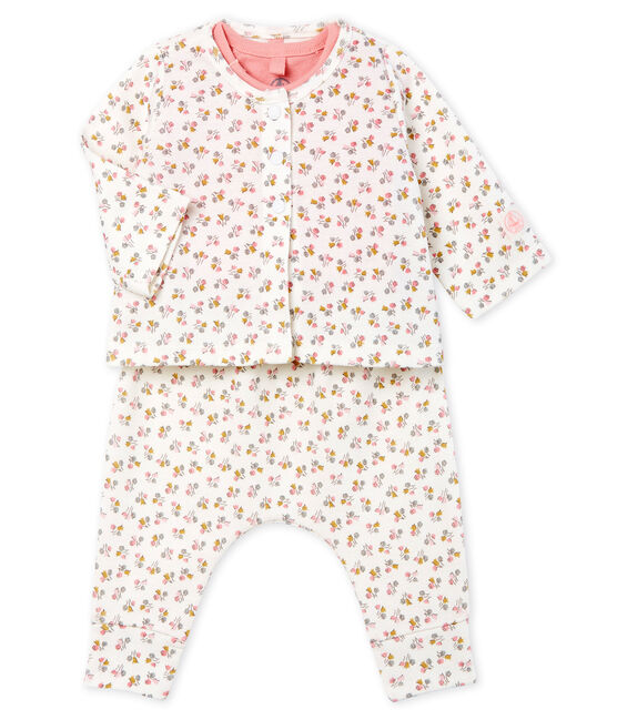 Completo tre pezzi bebè femmina a costine bianco MARSHMALLOW/bianco MULTICO
