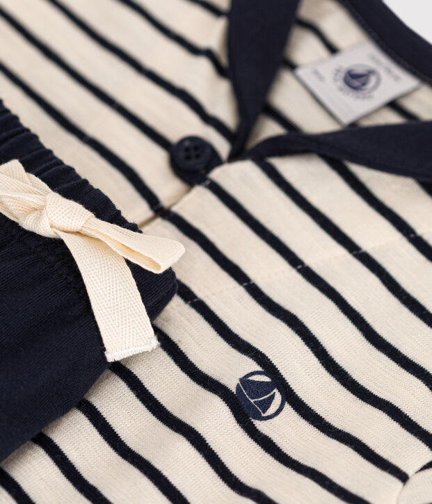 Set beb&egrave; t-shirt e pantaloncini in jersey ecru/blu