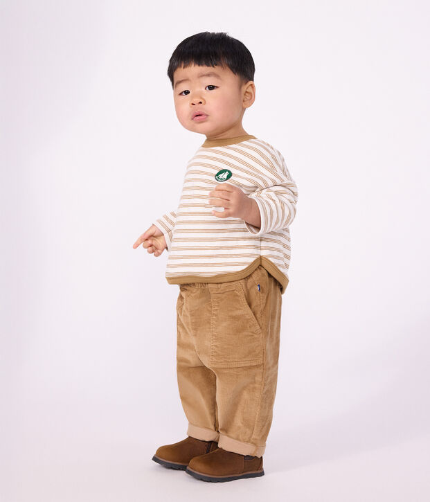 T-shirt a maniche lunghe in cotone a righe neonato. beige/ecru