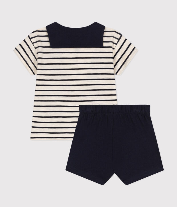 Set beb&egrave; t-shirt e pantaloncini in jersey ecru/blu