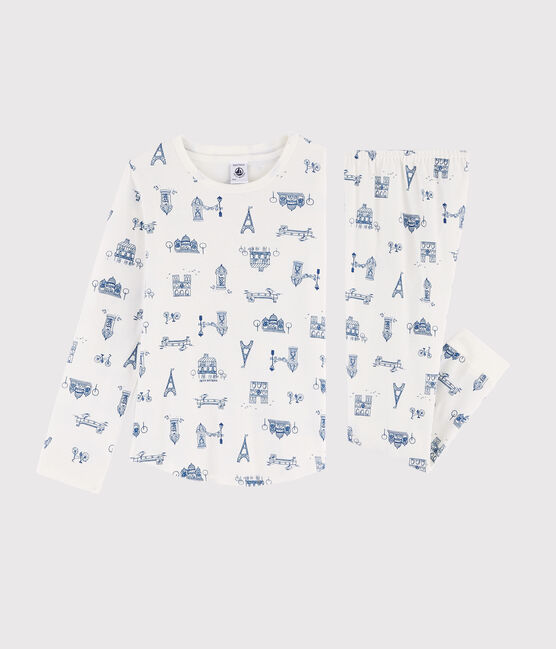 Pigiama bambino fantasia Parigi a costine bianco MARSHMALLOW/blu MAJOR