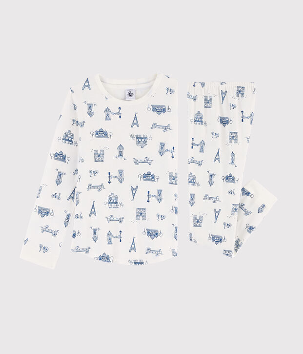Pigiama bambino fantasia Parigi a costine bianco/blu