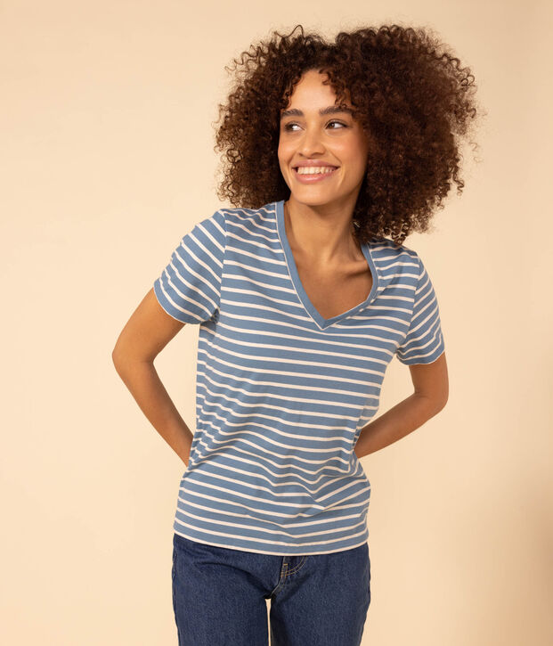 T-shirt LE DROIT scollo a V in cotone Donna blu/ecru