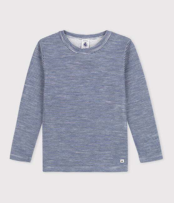 T-shirt a maniche lunghe millerighe in lana e cotone blu MEDIEVAL/bianco MARSHMALLOW