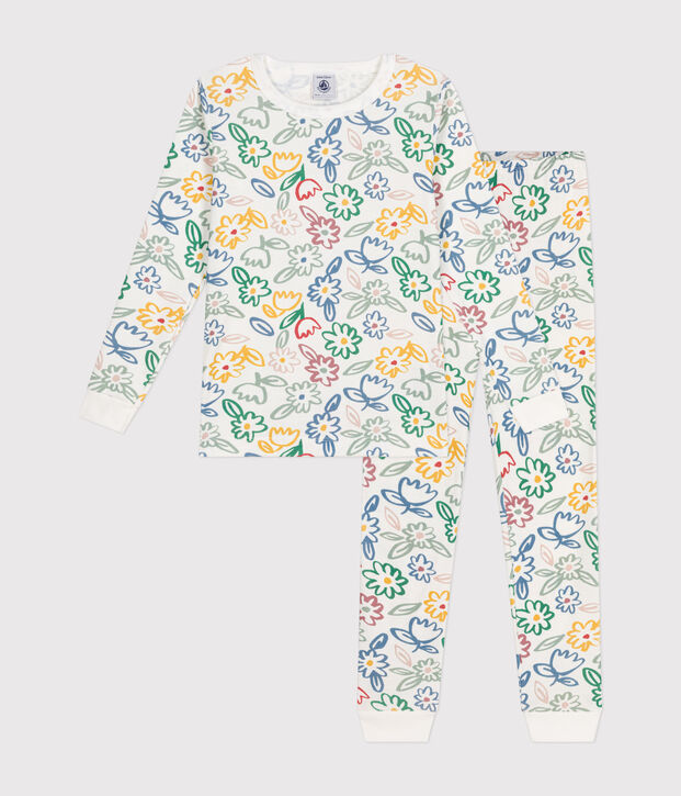 Pigiama aderente in cotone con stampa a fiori bambino bianco/multicolore