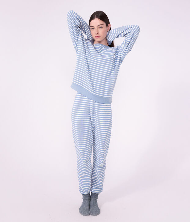 Pigiama in spugna di cotone a righe donna blu/ecru