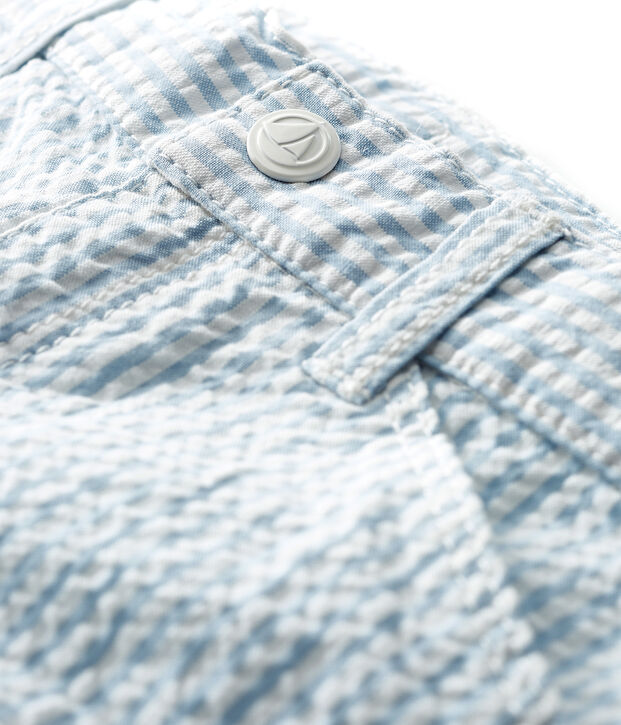 Pantalone beb&egrave; maschietto in seersucker (tessuto goffrato) blu/bianco