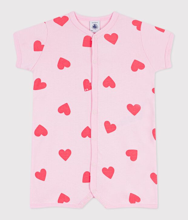 Tutina corta in cotone con stampa a cuori neonato rosa/arancione