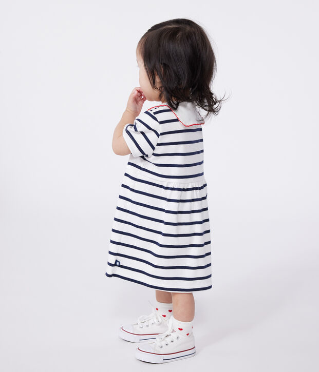 Abito a maniche corte con collo alla marinara in cotone a righe bianco/blu