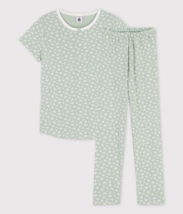 Pigiama a manica corta a fiori bambina in cotone verde/bianco
