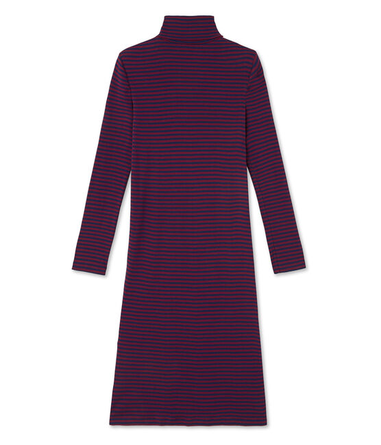 Vestito donna collo alto a righe in cotone ultra light rosso CLAFOUTI/blu MEDIEVAL