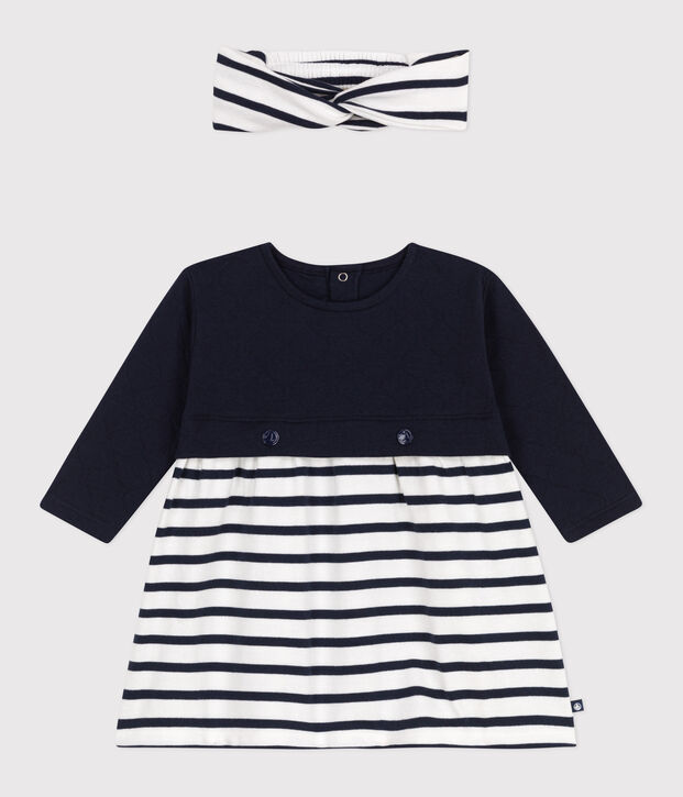 Set composto da abito a maniche lunghe in tubique e cotone e fascia in tessuto a costine abbinata neonato multicolore