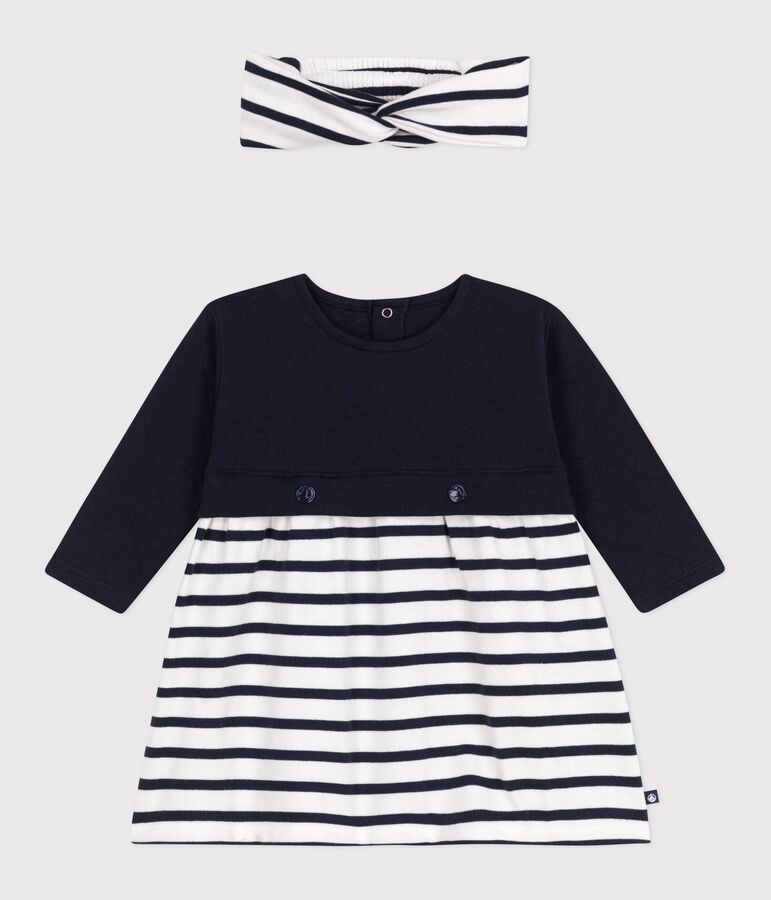 Set composto da abito a maniche lunghe in tubique e cotone e fascia in tessuto a costine abbinata neonato multicolore