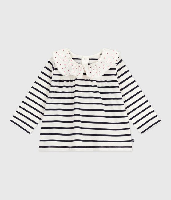 Blusa a maniche lunghe in cotone con motivo marinière e colletto con cuoricini neonata bianco MARSHMALLOW/blu SMOKING