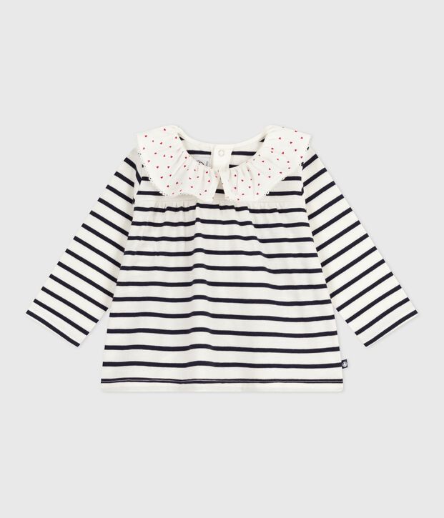 Blusa a maniche lunghe in cotone con motivo marini&egrave;re e colletto con cuoricini neonata bianco/blu