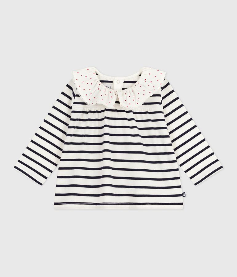 Blusa a maniche lunghe in cotone con motivo marini&egrave;re e colletto con cuoricini neonata bianco/blu