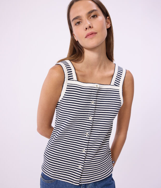 Canotta in cotone a righe donna blu/bianco