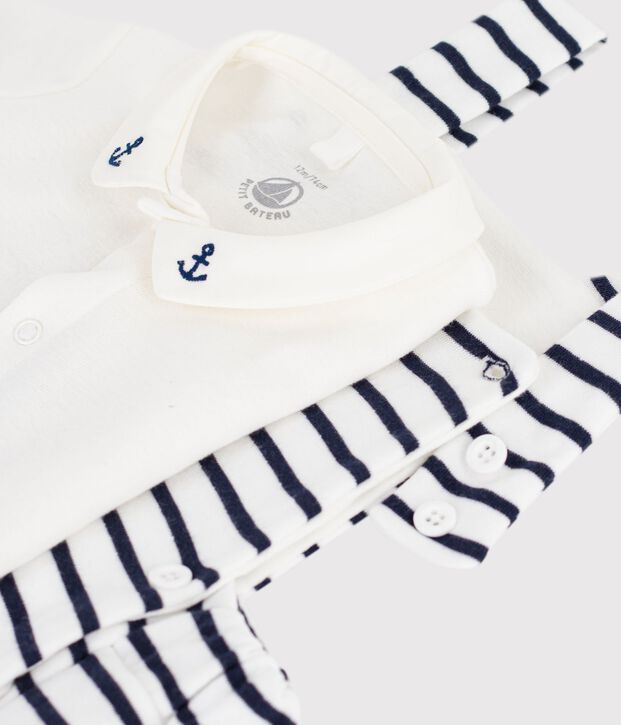 Set 2 pezzi in cotone a righe con dettagli ricamati neonato bianco/blu