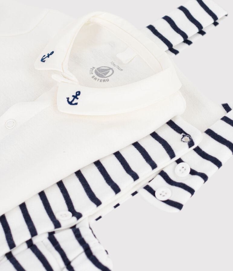 Set 2 pezzi in cotone a righe con dettagli ricamati neonato bianco/blu