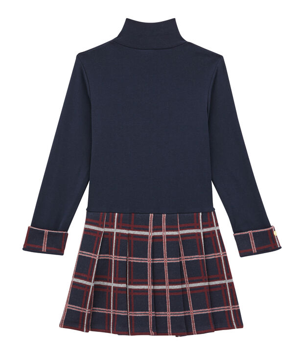 Abito collo alto in doppio tessuto per bambina blu/multicolore