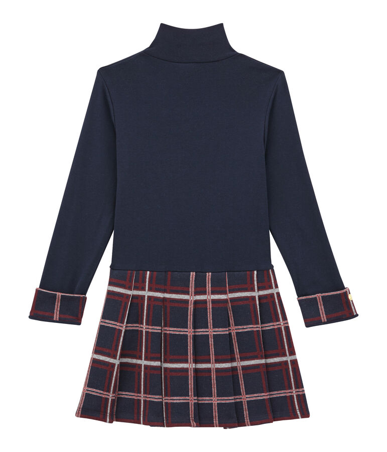 Abito collo alto in doppio tessuto per bambina blu SMOKING/bianco MULTICO