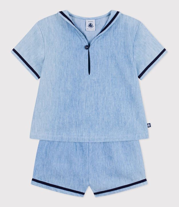 Completo neonato 2 pezzi in chambray con T-shirt con colletto alla marinara blu