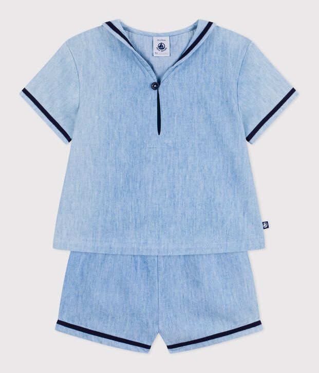 Completo neonato 2 pezzi in chambray con T-shirt con colletto alla marinara blu
