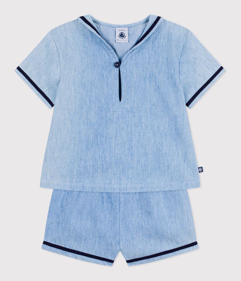 Completo neonato 2 pezzi in chambray con T-shirt con colletto alla marinara blu
