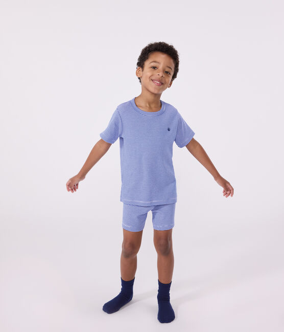 Pigiama corto in cotone a righe bambino blu PERSE/bianco MARSHMALLOW