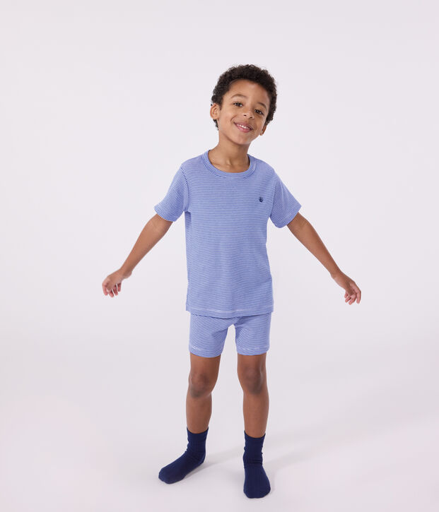 Pigiama corto in cotone a righe bambino blu/bianco