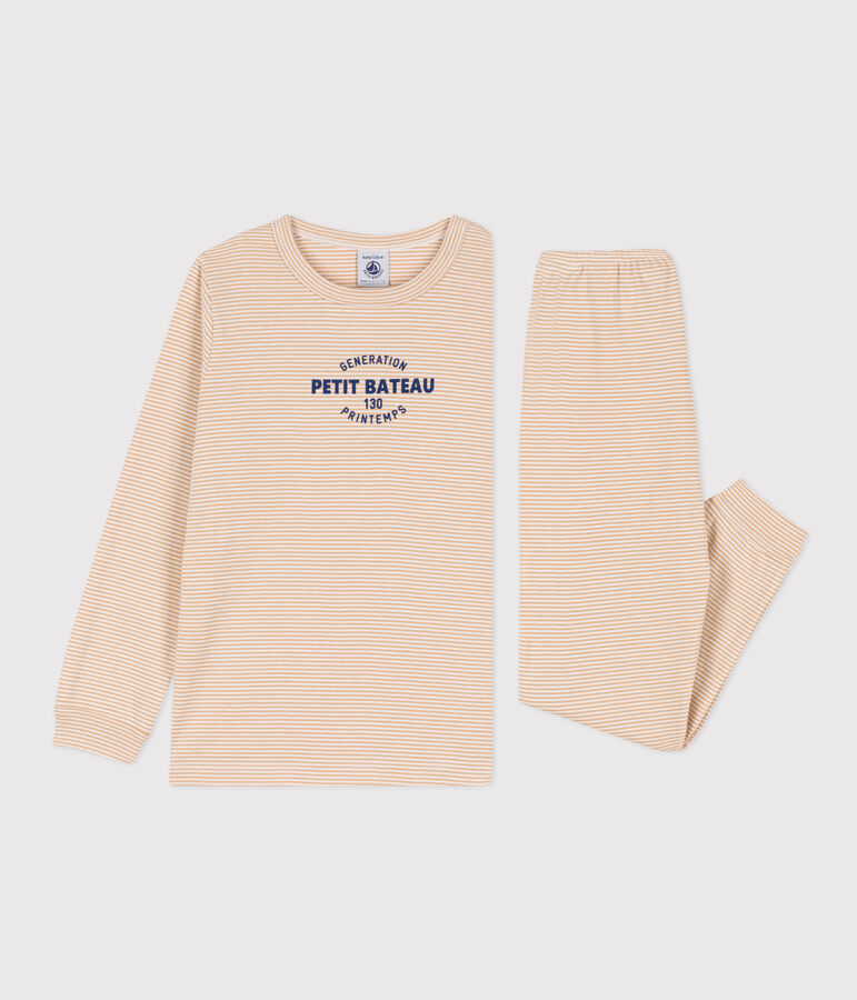 Pigiama a righe bambino unisex in cotone beige/bianco