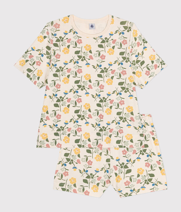Pigiama donna con pantaloncini e t-shirt in cotone con motivo floreale ecru/multicolore