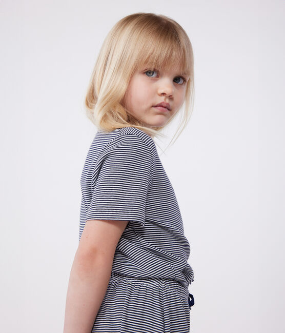 Pigiama a maniche corte e con gamba ampia in cotone a righe bambina blu SMOKING/bianco MARSHMALLOW