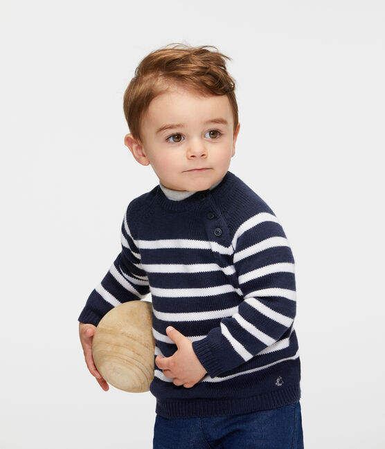 Pull lana e cotone a righe bebè maschio blu SMOKING/bianco MARSHMALLOW